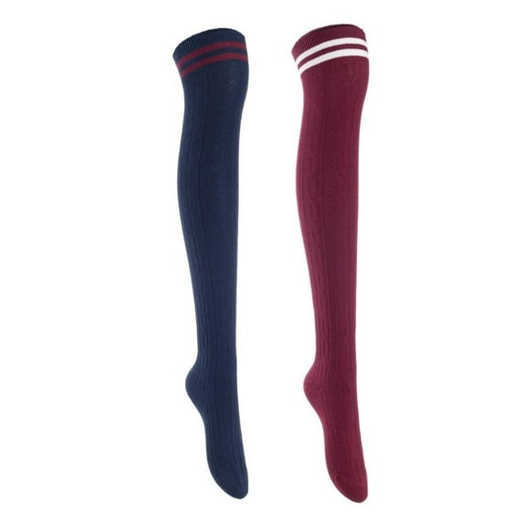 Lian Style Women's 2 Pairs Incredible Durable Super Soft Unique Over Knee High Thigh High Cotton Socks Size 6-9 J1023 Navy, Wine