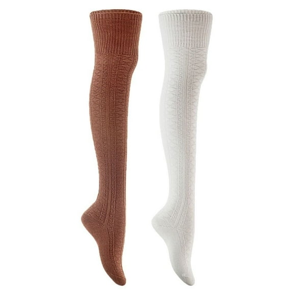 Lian Style Women's 2 Pairs Long Lasting, Colorful and Fancy Thigh High Over the Knee High Cotton Socks JMYP1025 Size 6-9 Coffee, Cream White
