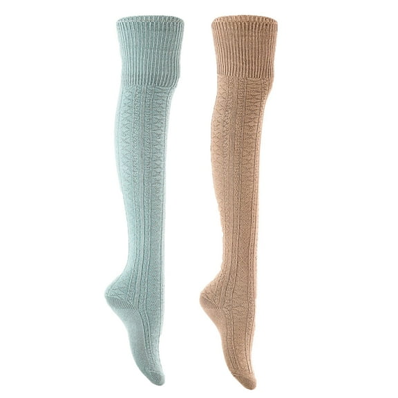 Lian Style Women's 2 Pairs Long Lasting, Colorful and Fancy Thigh High Over the Knee High Cotton Socks JMYP1025 Size 6-9 Sky Blue, Beige