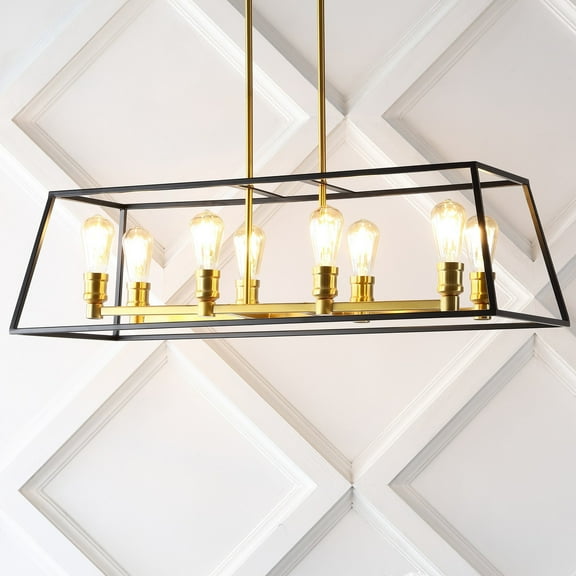 JONATHAN Y Lloyd 35" 8-Light Farmhouse Industrial Iron Linear LED Pendant, Black/Brass Gold