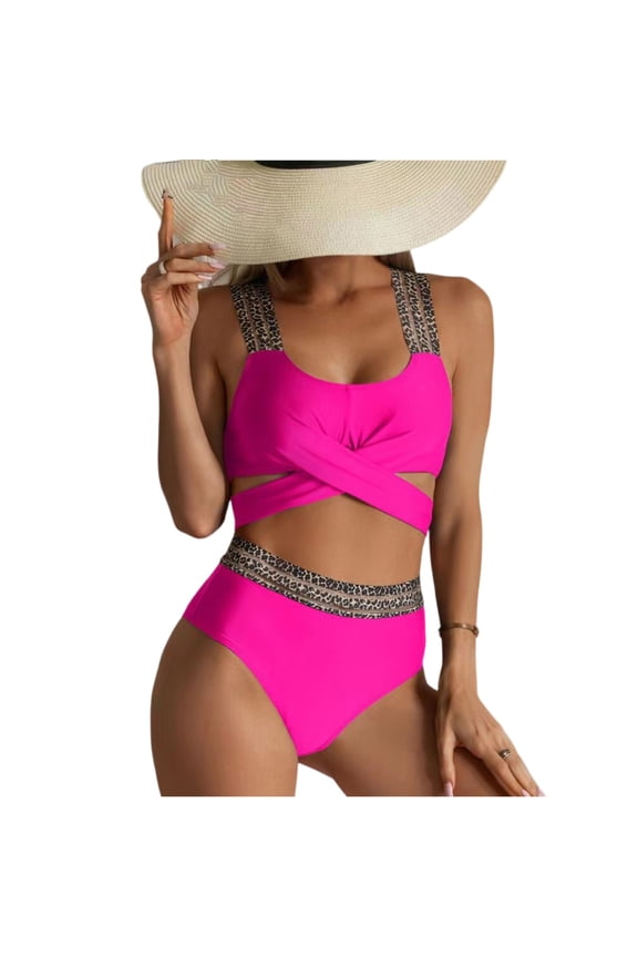 Liang Anzhong Women High Waisted Bikini Sets Tummy Control Swimsuits Color Block Two Piece Bathing Suit(Hot Pink,L)