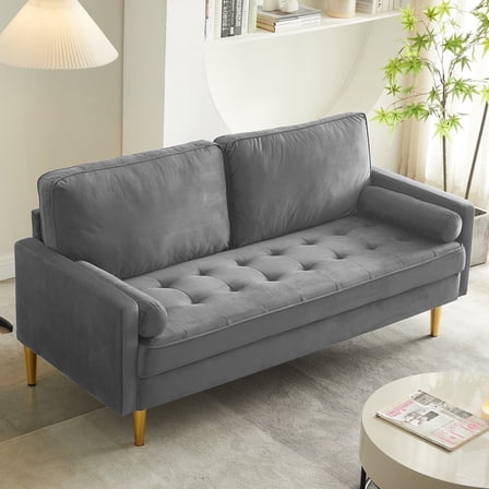 LiangFu 67" Modern Velvet Loveseat 2-Seat Sofa with Golden Frosted Legs Mid Century Sofa Compact Love Seat with 2 Pillows for Livingroom, Apartment,Gray