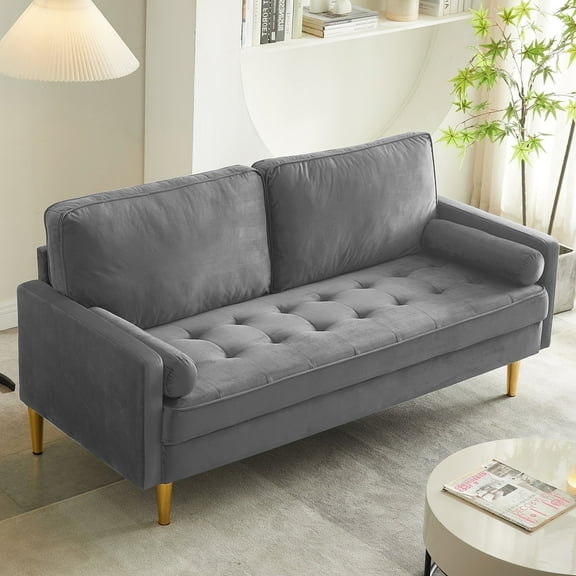 LiangFu 67" Modern Velvet Loveseat 2-Seat Sofa with Golden Frosted Legs Mid Century Sofa Compact Love Seat with 2 Pillows for Livingroom, Apartment,Gray