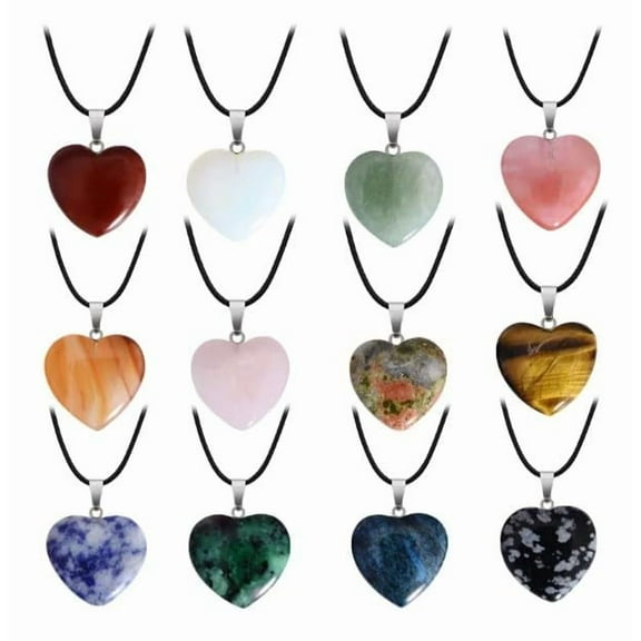 LiangJiang 20 Pcs Natural Stone Necklace Healing Heart Gemstone Pendants Crystal Charms PU Leather Cord for Women Jewelry Gift