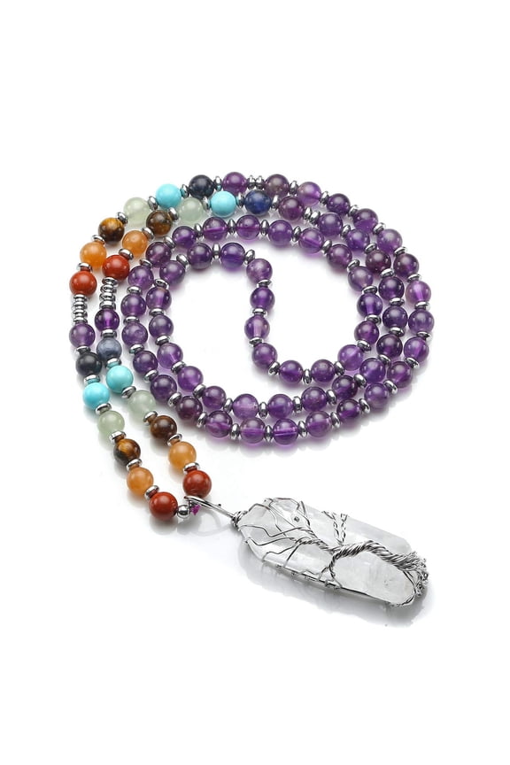 Natural Amethyst 7 Chakras Healing Crystals Necklace Wire Wrapped Clear Quartz Pendant Healing Pointed Reiki Energy Balancing