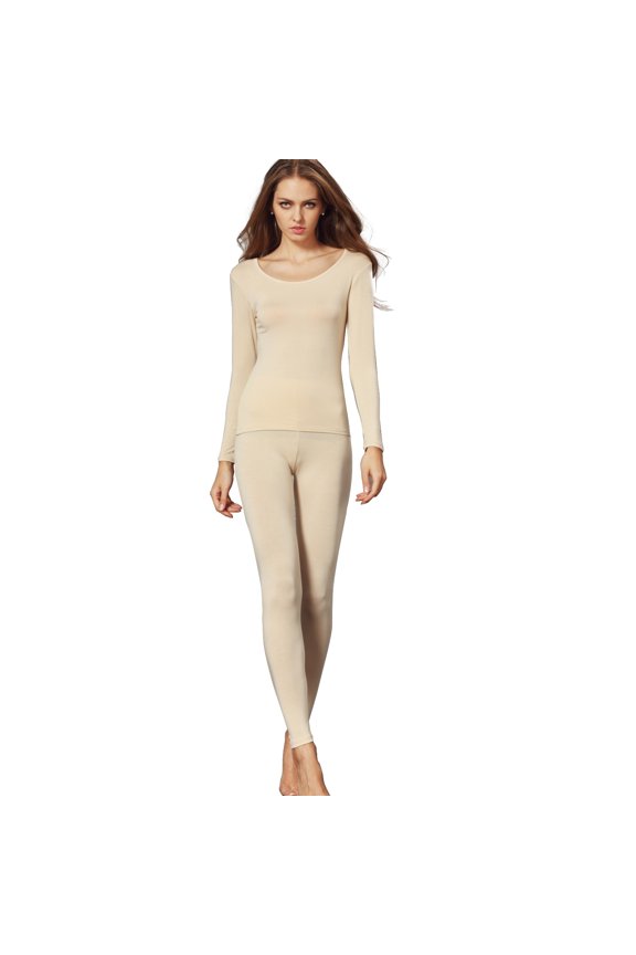 Women's Crewneck Long Johns Ultra Thin Modal Thermal Underwear Top & Bottom Set Apricot XX-Large