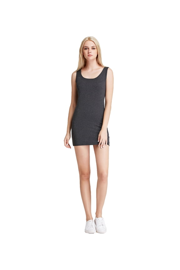 Women's Mini-Ribbed Stretch Scoop Neck Extra Long Tank Top Dark Gray Medium (US 8 10)