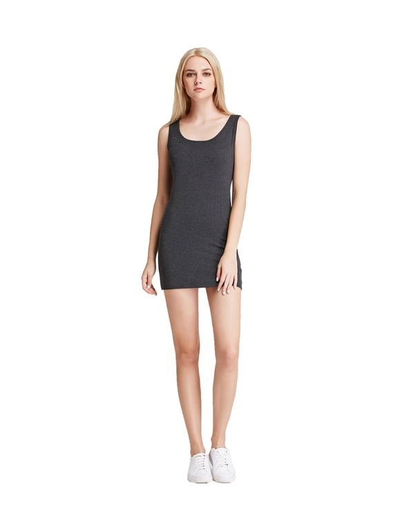 Women's Mini-Ribbed Stretch Scoop Neck Extra Long Tank Top Dark Gray Small (US 2 4 6)