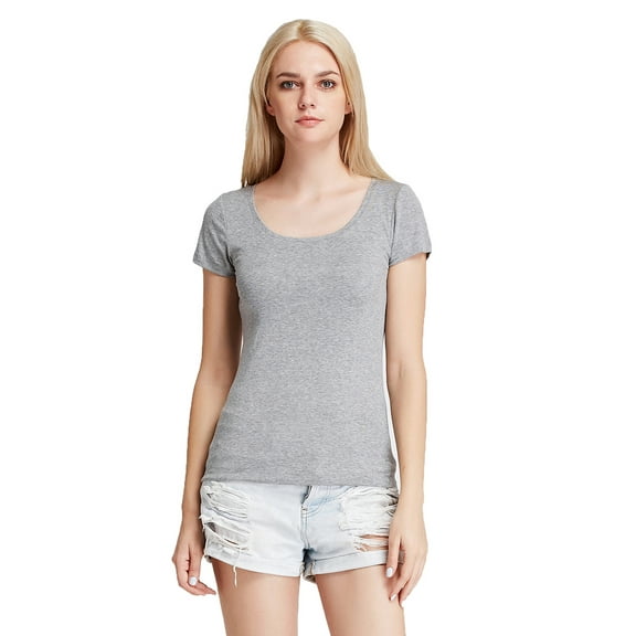 LiangRou Women's Mini-Ribbed Stretch Scoop Neck T-Shirt Light Gray Large (US 12 14)
