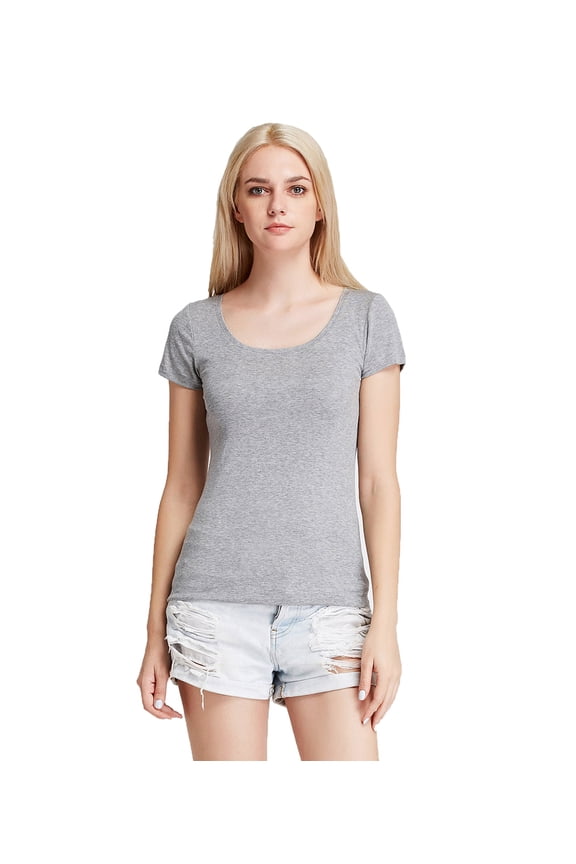 Women's Mini-Ribbed Stretch Scoop Neck T-Shirt Light Gray Medium (US 8 10)