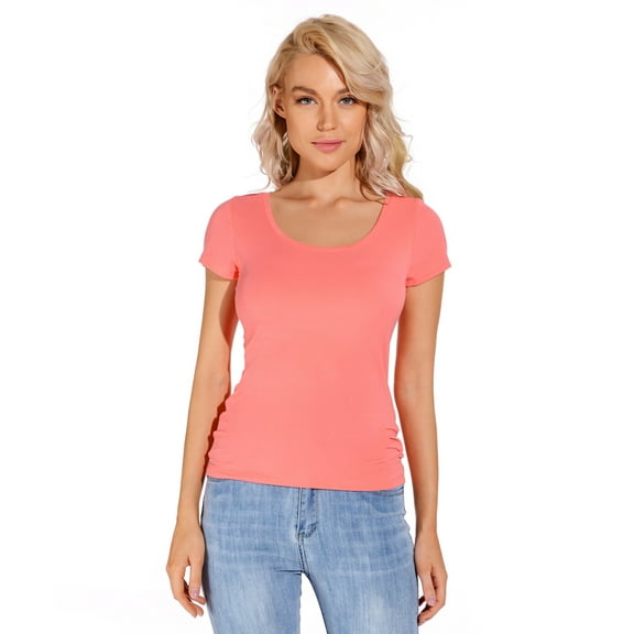 LiangRou Women's Mini-Ribbed Stretch Scoop Neck T-Shirt Watermelon Red Medium (US 8 10)