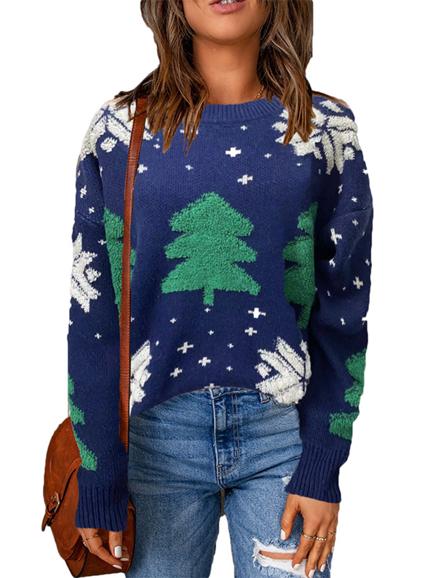 Liangchengmei Women's Christmas Snowflake Trees Print Knitted Pullover ...