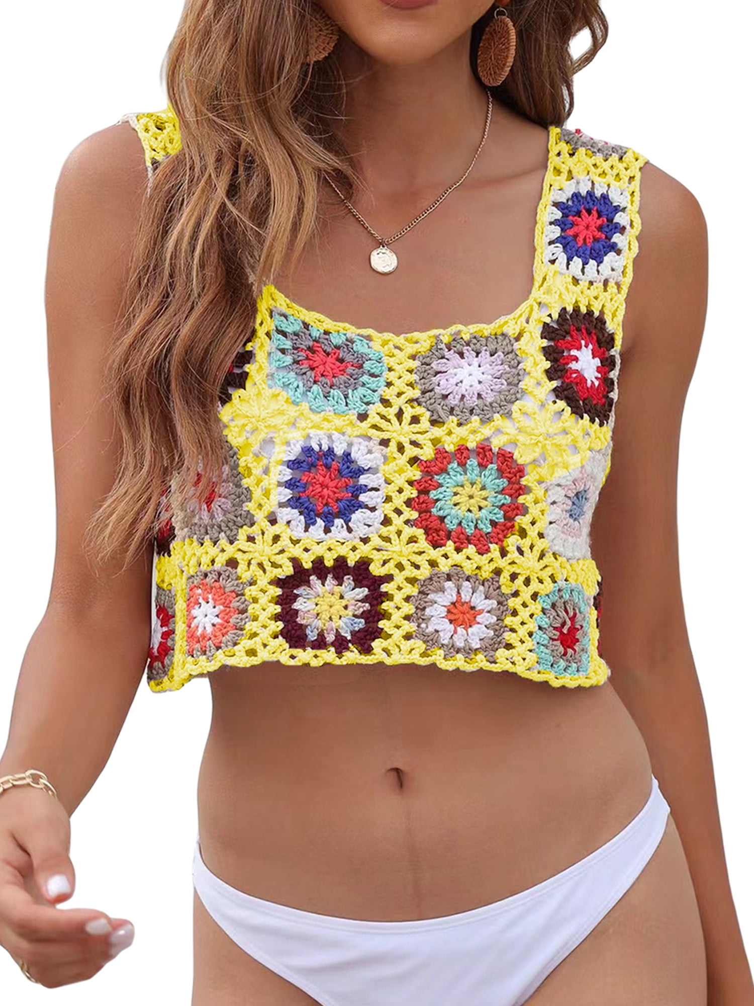 Women's Summer Crochet Tank Top Colorful Floral Embroidery Knit
