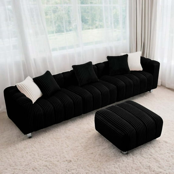 Liangfu Black Corduroy Sofa with Ottoman - Double - Layer Cushion, Multiple Styles, Versatile for Home Spaces 5Pillow