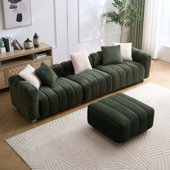 Liangfu Green Corduroy Sofa with Ottoman - Double - Layer Cushion, Multiple Styles, Versatile for Home Spaces 5Pillow
