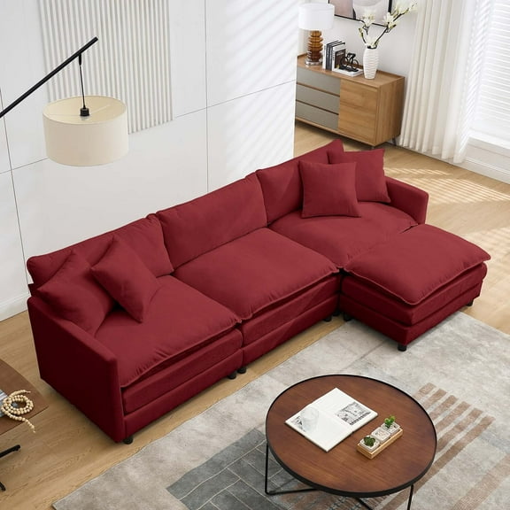 Liangfu Modular Sectional Sofa with Movable Ottoman - Premium Chenille Fabric, Convertible L-Shaped Couch Chaise for Living Room, 300 lbs Capacity Red
