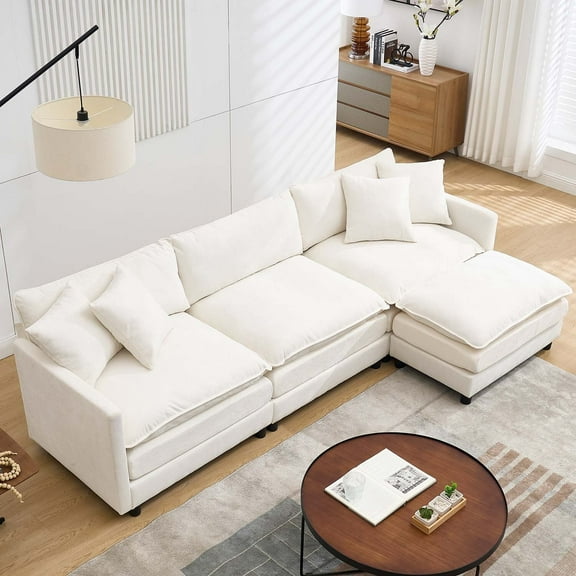 Liangfu Modular Sectional Sofa with Movable Ottoman - Premium Chenille Fabric, Convertible L-Shaped Couch Chaise for Living Room, 300 lbs Capacity White