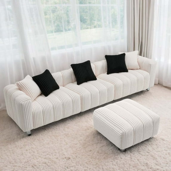 Liangfu White Corduroy Sofa with Ottoman - Double - Layer Cushion, Multiple Styles, Versatile for Home Spaces 5Pillow