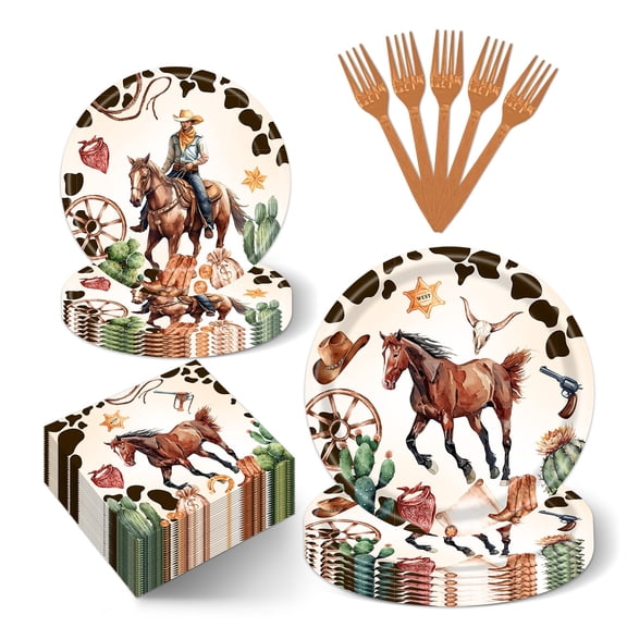 Lianxuia 96 PCS Western Theme Cowboy Party Decorations, Wild West Parties Paper Plates Napkins Forks Set for 24 Guests, Rodeo Horse Party Supplies for Baby Shower Birthday Country Decor Y114