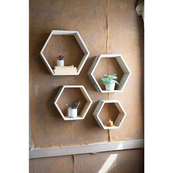 Liarong Set Of Four Recycled Wood Hexagon Wall Shelves - Whitewash