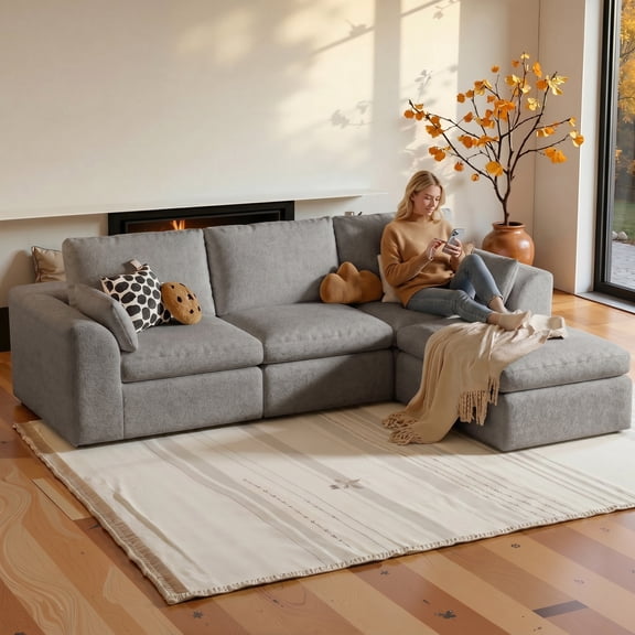 Liaroo 108" Cloud Sectional Couches, Boneless Couch for Living Room, Convertible L-Shape Couch with Ottoman, Chenille Modular Sofa No Assembly Required