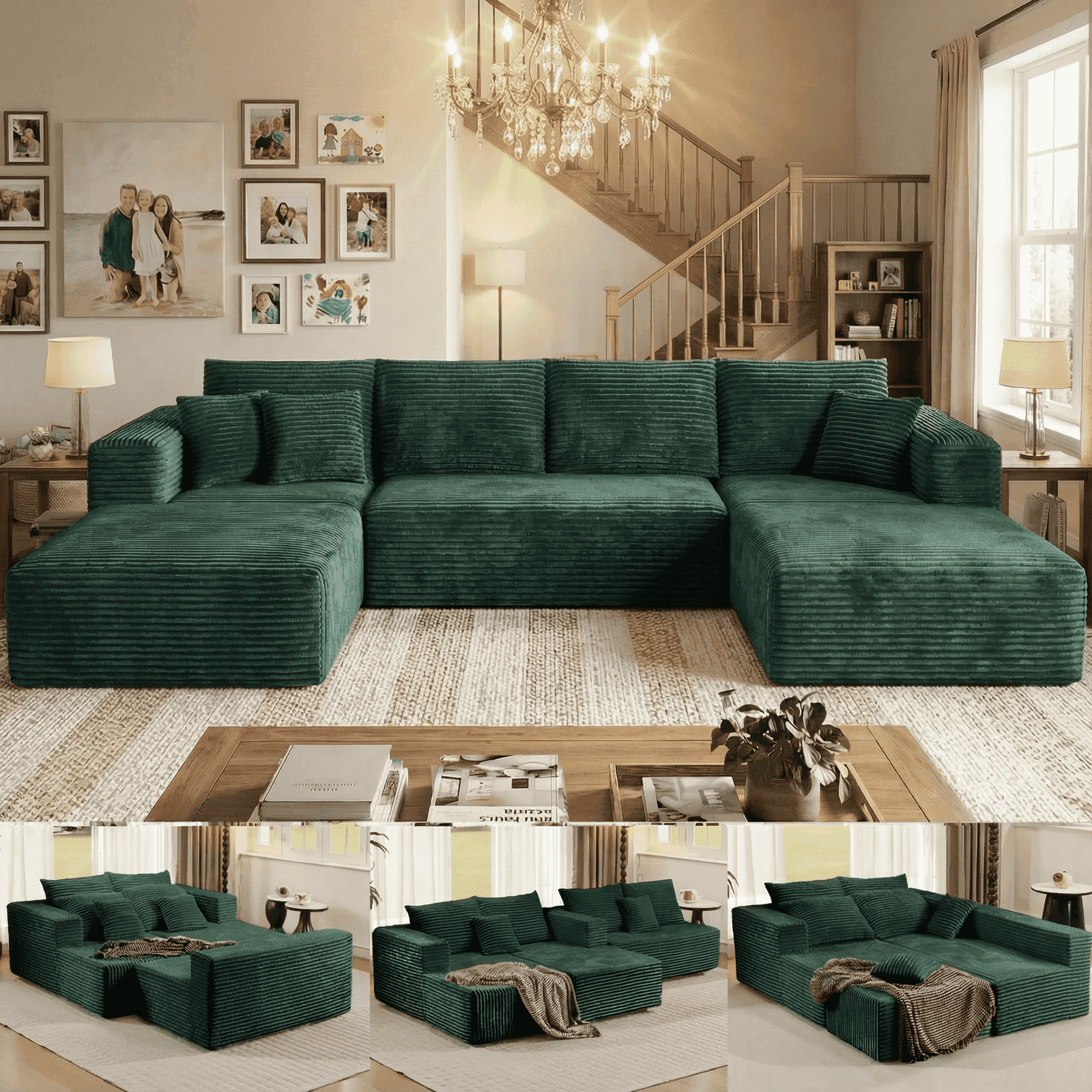 Liaroo 134.7" Sectional Sofa, Boneless Couch, U-Shaped Couches with