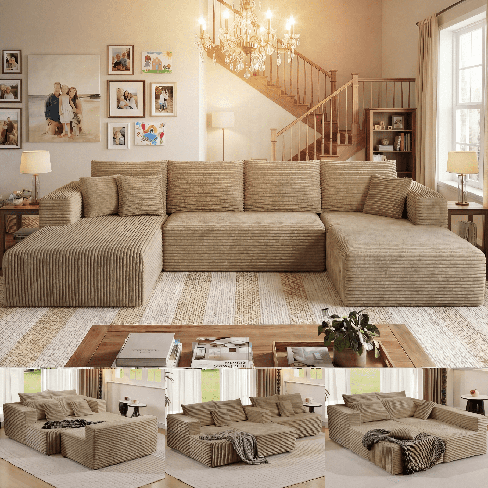 Liaroo 134.7" Sectional Sofa, Boneless Couch, U-Shaped Couches with