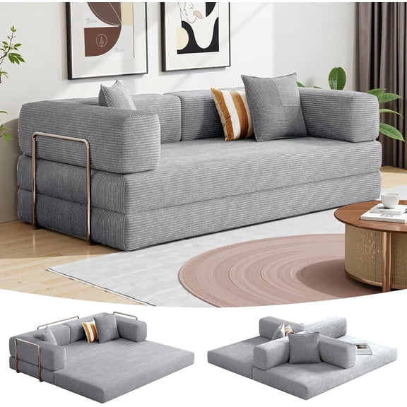 79" convertible sleeper sofa bed,5-in-1 boneless couch with side pocket,Corduroy Pull-Out Couch with a Fixed-Shape Frame,Loveseat for Living Room,Bedroom(Gray)