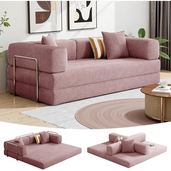 Liaroo 79" convertible sleeper sofa bed,5-in-1 boneless couch with side pocket,Corduroy Pull-Out Couch with a Fixed-Shape Frame,Loveseat for Living Room,Bedroom(Pink)