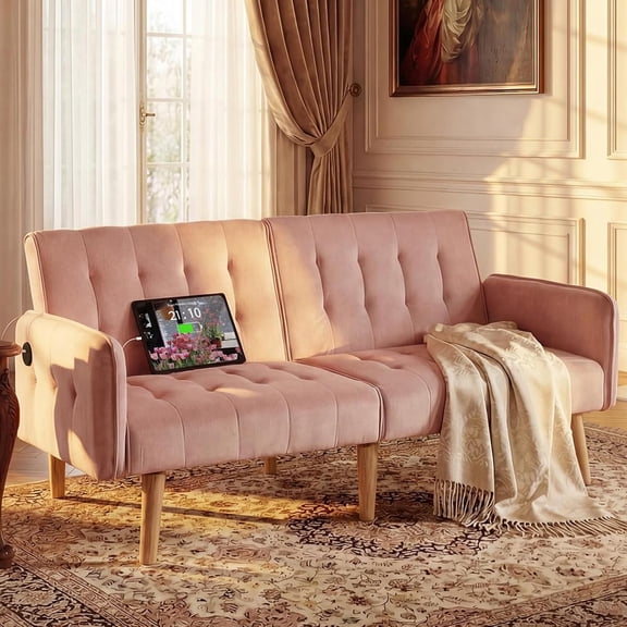 LibMal 65" W Velvet Modern Convertible Folding Futon Couch Sofa Bed w/ 2 USB Charging Ports and arms, Loveseat for Compact Living Space, Dorm, Game Studio, Bonus Room, Apartment, Bedroom (Pink)