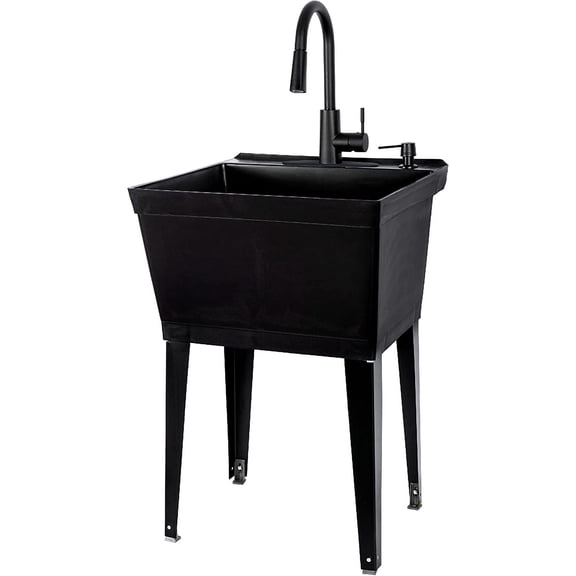 LibMal Black Utility Sink with High Arc Black Faucet by by JS Jackson Supplies, Pull Down Sprayer Spout, Heavy Duty Slop Sink for Washing Room, Basement, Shop, Free Standing Laundry Tub Deep Plastic