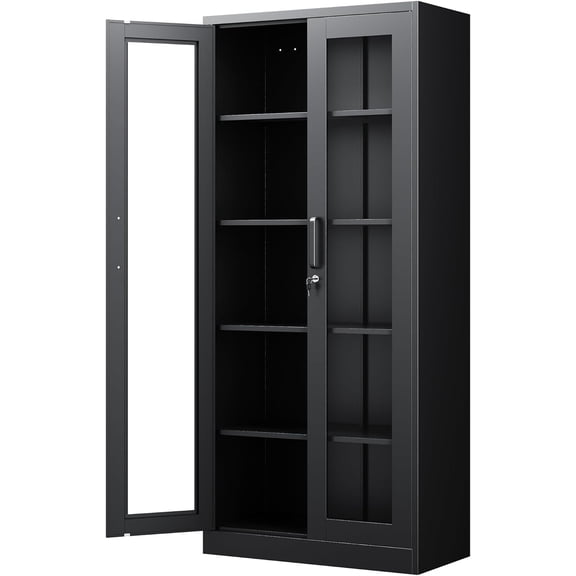 LibMal Display Cabinet with Glass Doors, 71 Inches Metal Display Case with 4 Adjustable Shelves, Curio Storage Cabinet with Lock for Home, Office, Book, Pantry, Assemble Required (Black)