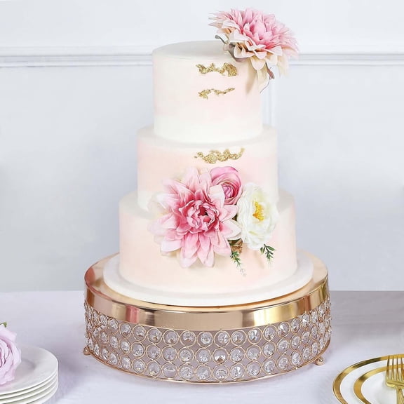 LibMal Efavormart 13" Gold Beaded Crystal Metal Cake Stand, 4" Tall Riser Cupcake Dessert Display with 141 Diamonds in 3 Layers for Wedding Receptions, Birthdays, and Elegant Celebrations