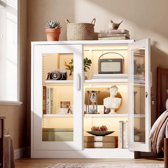 LibMal  Lockable Display Cabinet with Glass Door & 3 Shelves, 35.5" H Metal Storage Cabinet Curio Liquor, Bookshelf Bookcase for Home Office Living Room Pantry Garage (White)