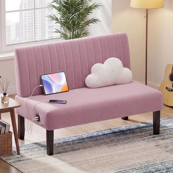 LibMal Mini Small Comfy Couch Armless Loveseat Sofa for Bedroom with USB Port, Velvet Couches for Small Spaces Living Room, Apartment Office Dorm (Pink)