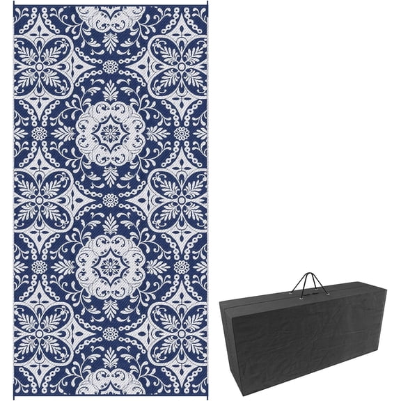 LibMal Reversible Outdoor Rug Carpet, 9' x 18' Waterproof Plastic Straw Rug, Portable RV Camping Rugs with Carry Bag, Large Floor Mat for Backyard, Deck, Picnic, Beach, Blue & White Floral