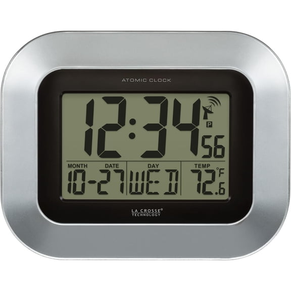LibMal  WT-8005U-S Atomic Digital Wall Clock with Indoor Temperature, Silver