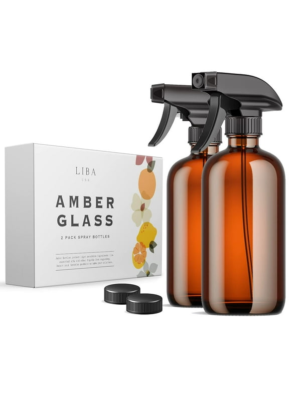 Liba Glass Spray Bottles 2 Pack, 16 oz Refillable Amber Empty Spray Bottle for Cleaning