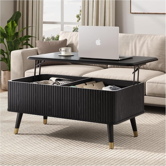 Libaa Lift Top Coffee Table with Storage, Modern Black Fluted Design, Pop-Up Center Table with Hidden Compartment for Living Room & Home Office Work/Dining