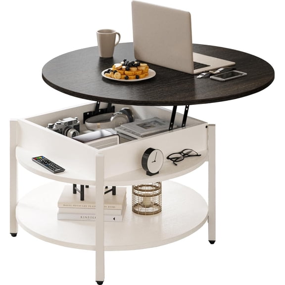 Libaa Round Lift Top Coffee Table with Storage and Hidden Compartment, 26.77'' Farmhouse Coffee Table for Living Room Reception Room, 2 Tier Small Round Coffee Table Circle Dining Table, White