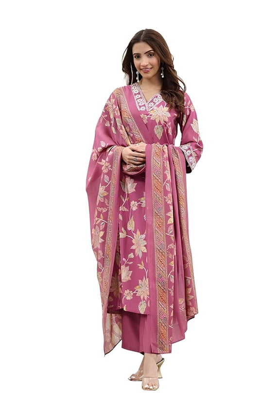 Printed Silk Blend Straight Kurta With Trousers and Dupatta - Indian Ethnic Traditional Wear Kurta Set
