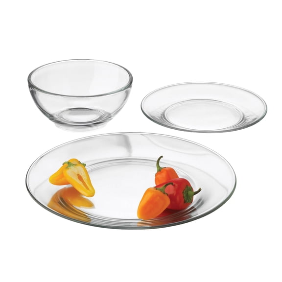 Libbey Round 12 Piece Glass Dinnerware Set, Stackable Glass Plate and Bowl Set w/ Round Shape, Modern Plates and Bowls Sets for Gatherings, and Everyday Use