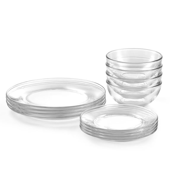 Libbey Round 12 Piece Glass Dinnerware Set, Stackable Glass Plate and Bowl Set w/ Round Shape, Modern Plates and Bowls Sets for Gatherings, and Everyday Use