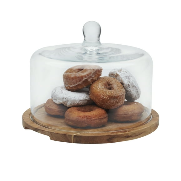 Libbey Acacia Wood Cake Stand with Dome Lid, Ball Top Handle Cake Holder with Lid, Covered Cake Stand, Durable Glass Dome Cover