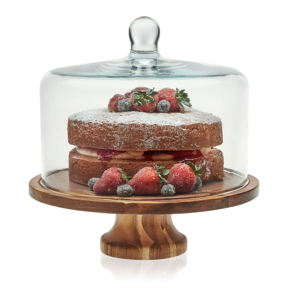 Libbey Acacia Wood Cake Stand with Lid, Footed Cake Stand With Cover, Durable Ball Top Handle Glass Dessert Dome