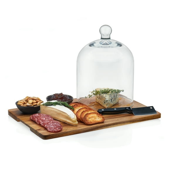 Libbey 4-Piece Acaciawood Cheese Board Set, Round Charcuterie Board with Glass Dome, Knife and Bowls, Charcuterie Boards Gift for Weddings, Parties