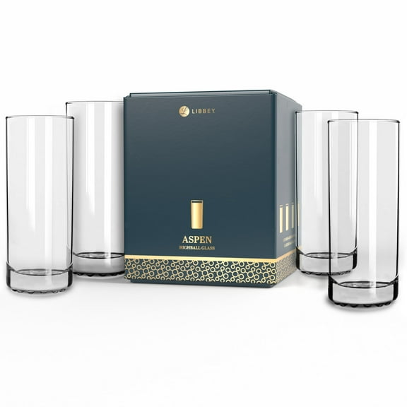 Libbey Aspen Highball Drinking Glasses Set of 4, 10.5 Oz, Clear, Stylish Retro Tall Glass Cups, Modern Bar Glassware for Cocktails, Mojito, and More