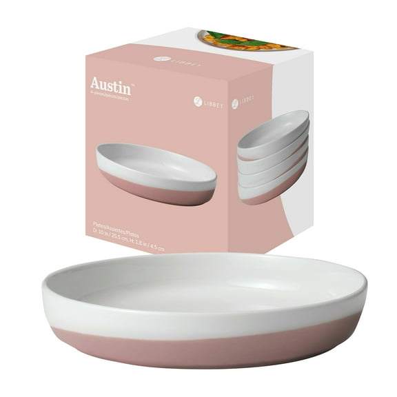 Libbey Austin Himalayan Pink Porcelain Dinner Plates, Coupe Style Pink Dinner Plates Set of 4, Stackable Ceramic Plates Set for Holidays, Daily Use