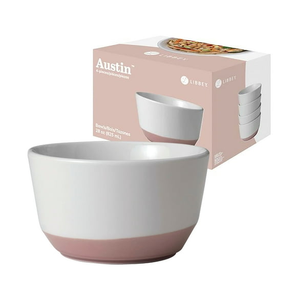 Libbey Austin Himalayan Pink Porcelain Salad Soup Bowls, Modern Style Large Soup Bowls Set of 4, Stackable Ceramic Bowls Set for Holidays, Daily Use