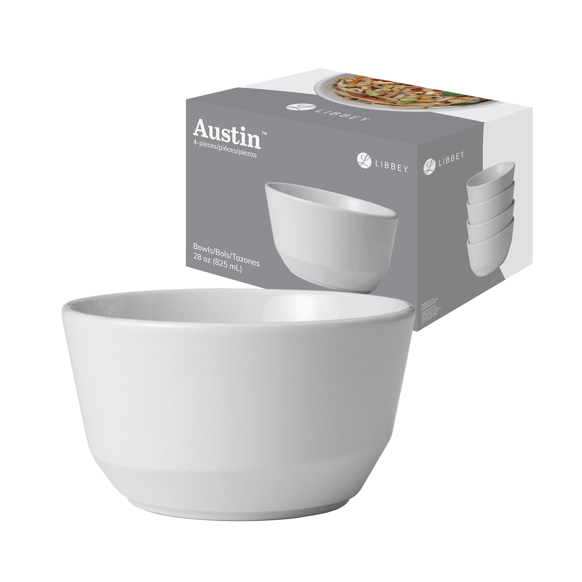 Austin White Ceramic 28-Ounce Soup and Salad Bowls, Set of 4